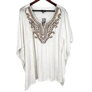 NEW NWT JM Collection Plus Size 2X White Beaded Kimono Blouse Shirt Top Tropical